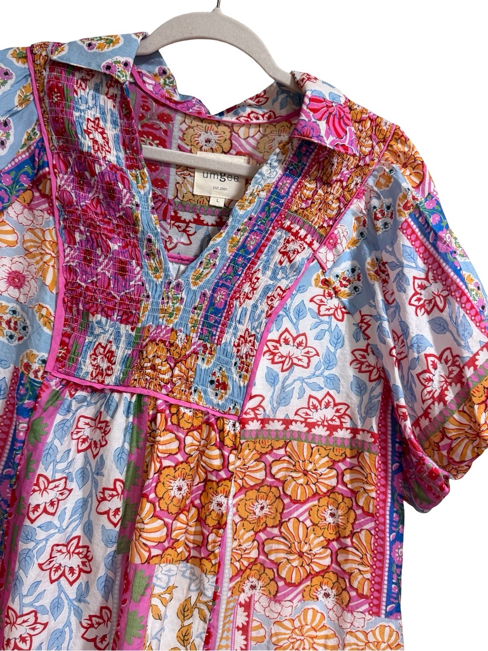 ☀️Umgee Patchwork Print Smocked Mini Dress Collared Split V-Neck Size Large Boho - Picture 4 of 11